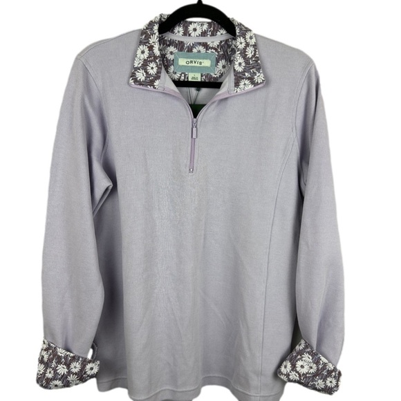 Orvis Casual Floral Trim Long Sleeve Quarter Zip Cotton Sweater Large Lilac NWT - Picture 1 of 12